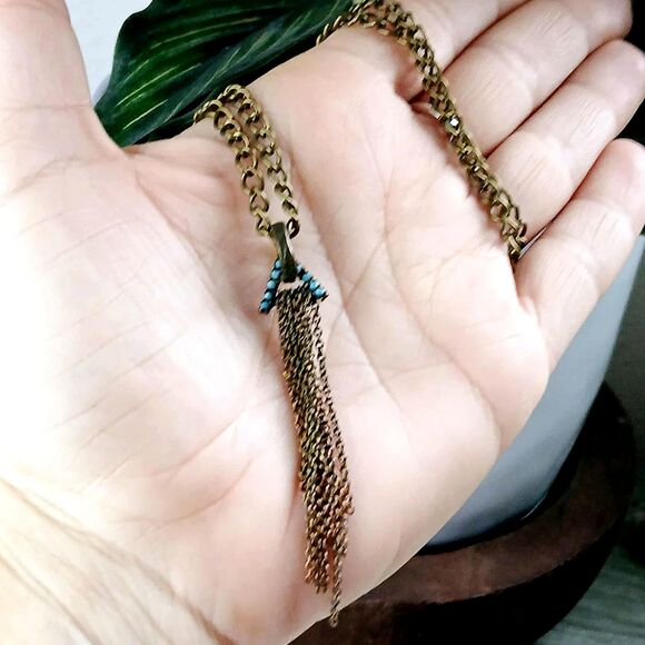 Turquoise & Bronze Tassel Choker Necklace, Adjustable, Boho Chic, Upcycled - Picture 3 of 4